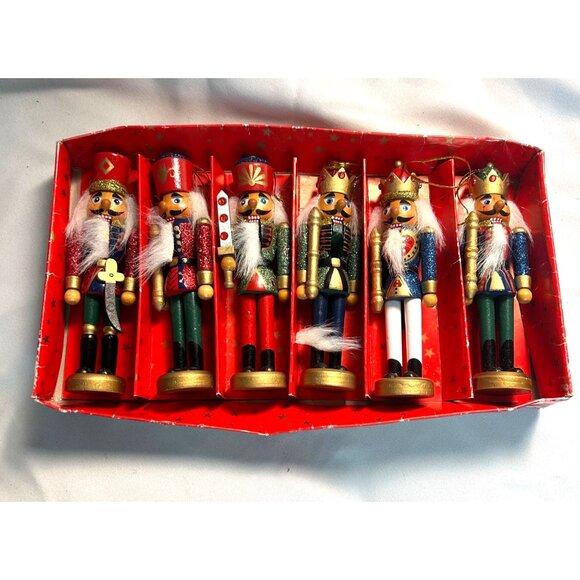 Wooden Nutcracker Christmas Soldier Ornaments Set of 6 Vintage 5 1/2” READ: - Picture 1 of 11